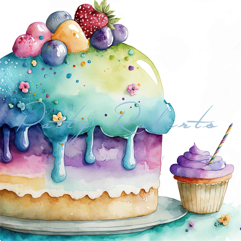 Kate Rainbow Sweet Backdrop Watercolor Cup Cake Designed by Patty Robertss - Kate Backdrop AU