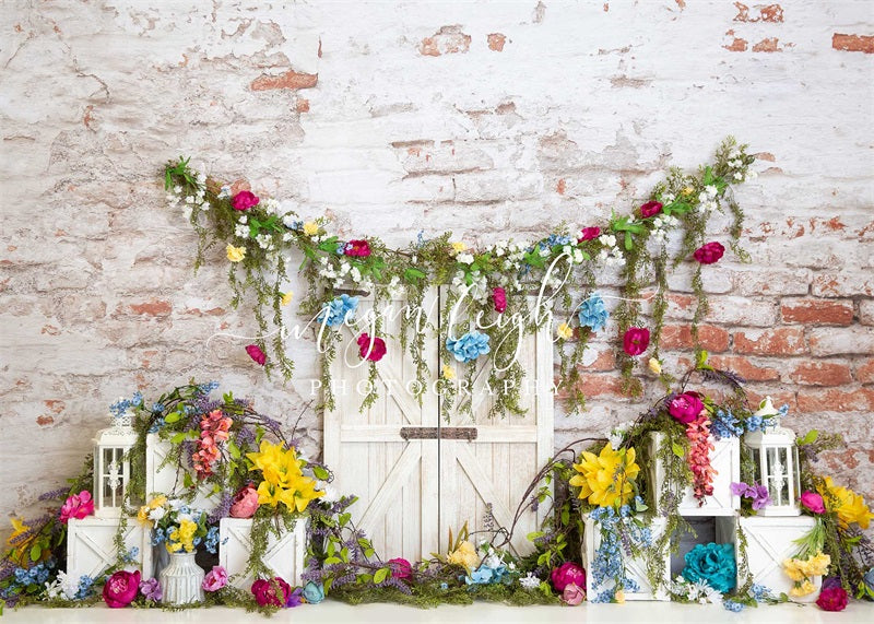 Kate Vibrant Blossoms Backdrop Brick Wall Designed by Megan Leigh Photography - Kate Backdrop AU