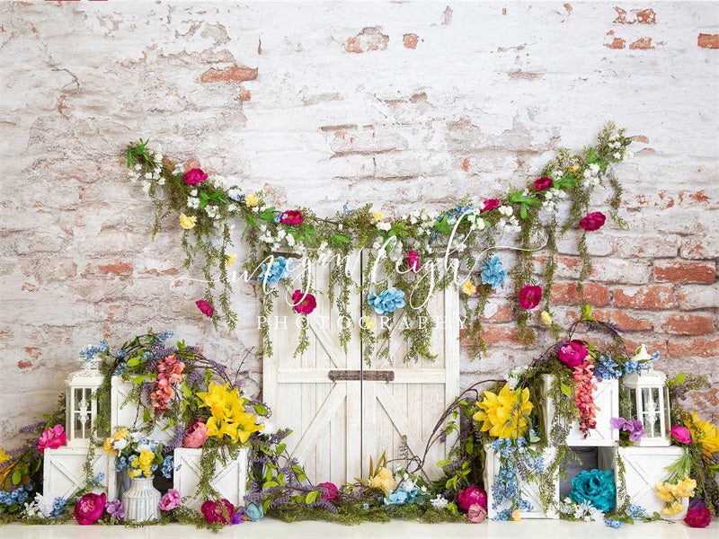 Kate Vibrant Blossoms Backdrop Brick Wall Designed by Megan Leigh Photography - Kate Backdrop AU
