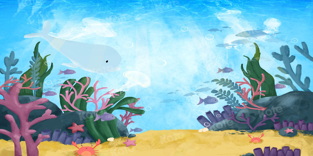 Kate Cartoon Underwater World Backdrop Coral Jellyfish Baby Whale Designed by GQ - Kate Backdrop AU