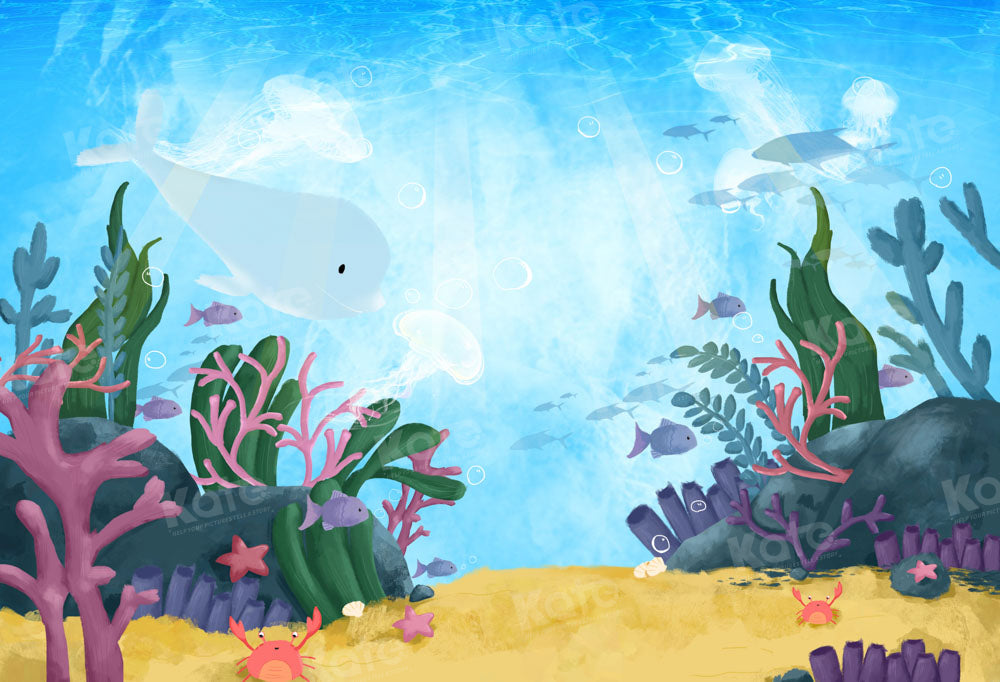 Kate Cartoon Underwater World Backdrop Coral Jellyfish Baby Whale Designed by GQ - Kate Backdrop AU