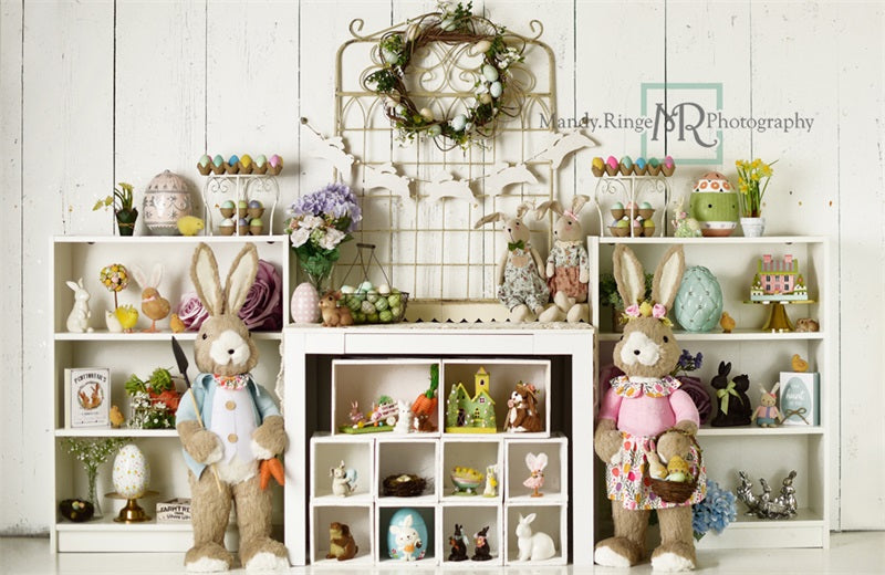 Kate Easter Decorations on Shelves Backdrop Designed by Mandy Ringe Photography - Kate Backdrop AU
