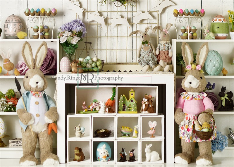 Kate Easter Decorations on Shelves Backdrop Designed by Mandy Ringe Photography - Kate Backdrop AU