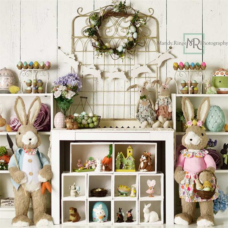 Kate Easter Decorations on Shelves Backdrop Designed by Mandy Ringe Photography - Kate Backdrop AU