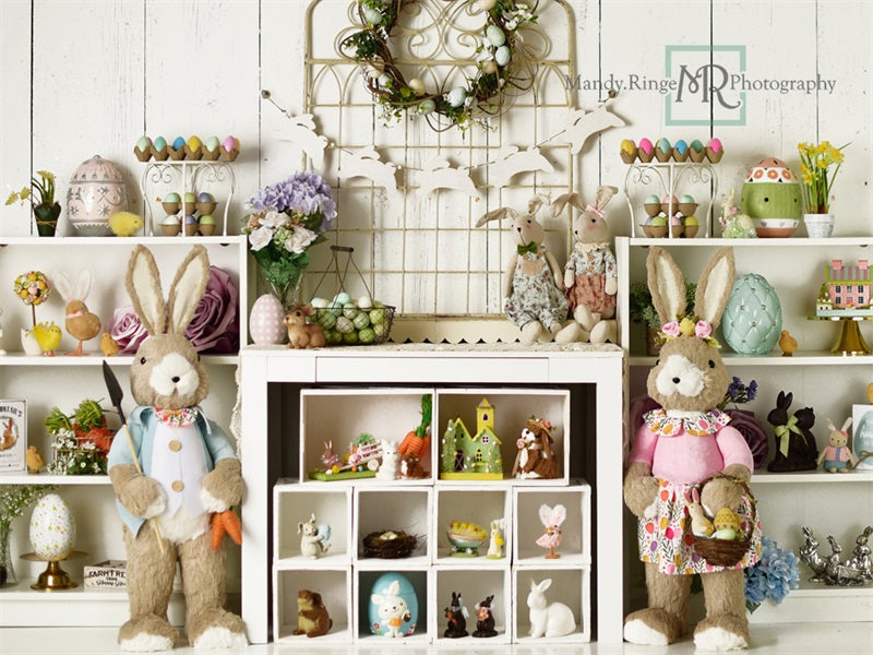 Kate Easter Decorations on Shelves Backdrop Designed by Mandy Ringe Photography - Kate Backdrop AU
