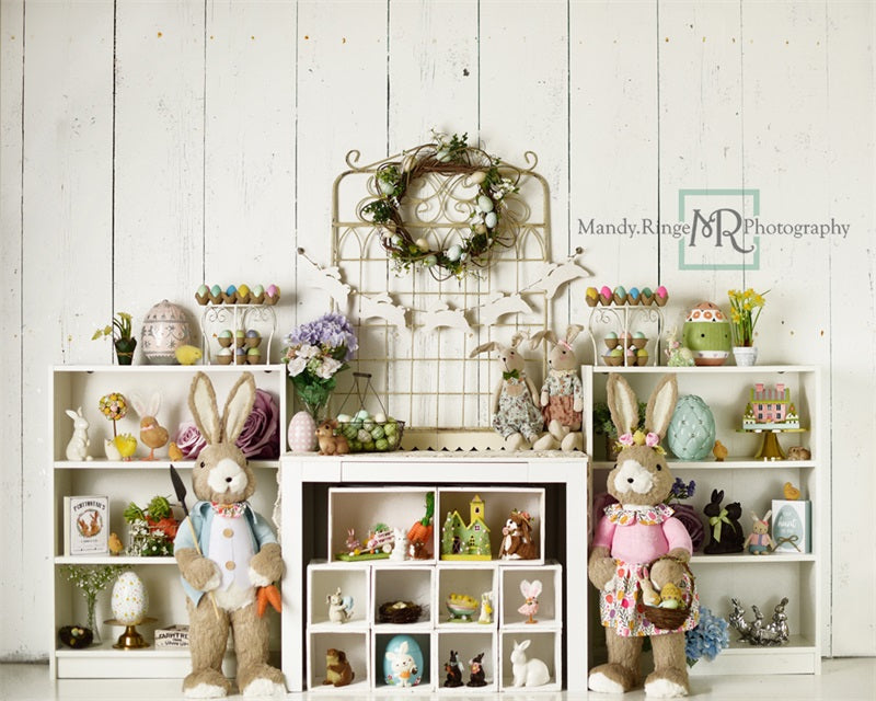 Kate Easter Decorations on Shelves Backdrop Designed by Mandy Ringe Photography - Kate Backdrop AU