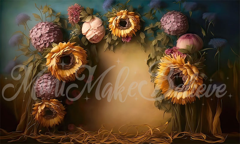 Kate Sunflowers Painterly Fine Art Floral Backdrop Designed by Mini MakeBelieve - Kate Backdrop AU