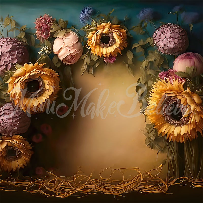 Kate Sunflowers Painterly Fine Art Floral Backdrop Designed by Mini MakeBelieve - Kate Backdrop AU