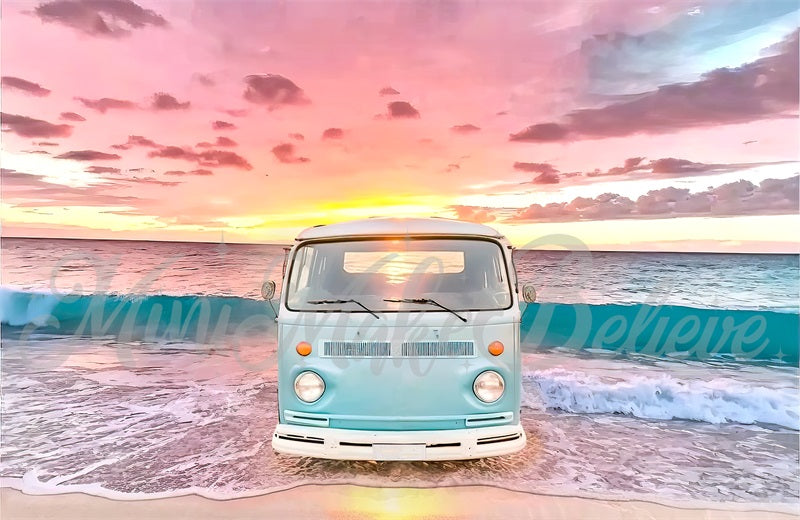 Kate Painterly Retro Van Waves Backdrop Beach Summer Sunset Designed by Mini MakeBelieve - Kate Backdrop AU