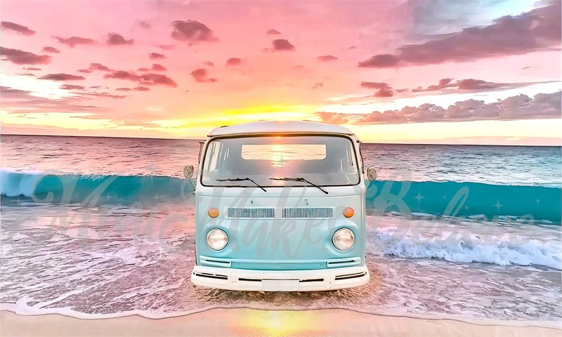 Kate Painterly Retro Van Waves Backdrop Beach Summer Sunset Designed by Mini MakeBelieve - Kate Backdrop AU