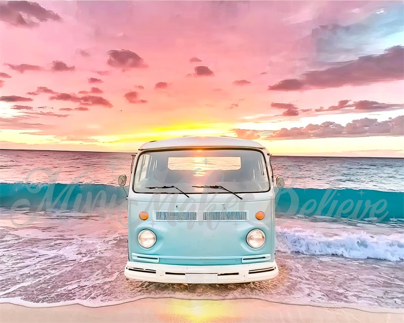 Kate Painterly Retro Van Waves Backdrop Beach Summer Sunset Designed by Mini MakeBelieve - Kate Backdrop AU