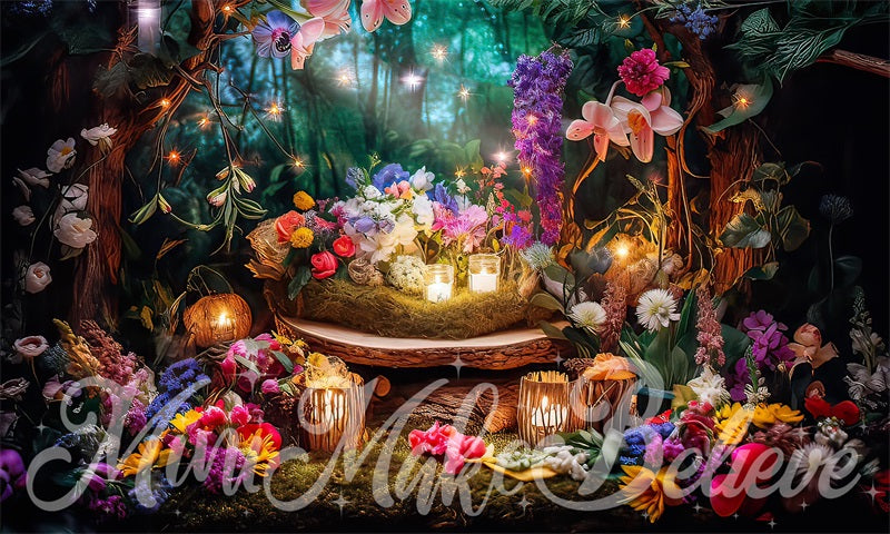 Kate Painterly Fine Art Fairy Lights Backdrop Forest at Night Designed by Mini MakeBelieve - Kate Backdrop AU