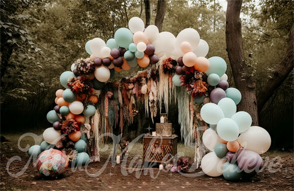 Kate Boho Muted Pastel Backdrop Balloons Arch Woodlands Designed by Mini MakeBelieve