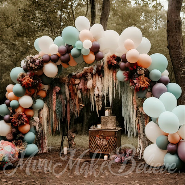 Kate Boho Muted Pastel Backdrop Balloons Arch Woodlands Designed by Mini MakeBelieve