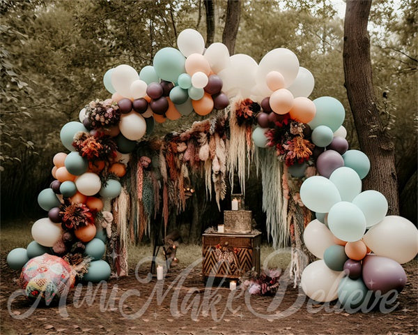 Kate Boho Muted Pastel Backdrop Balloons Arch Woodlands Designed by Mini MakeBelieve