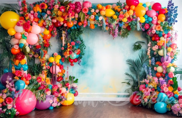 Kate Painterly Fine Art Fun Tropical Flower Backdrop Balloon Arch Watercolor Wall Designed by Mini MakeBelieve
