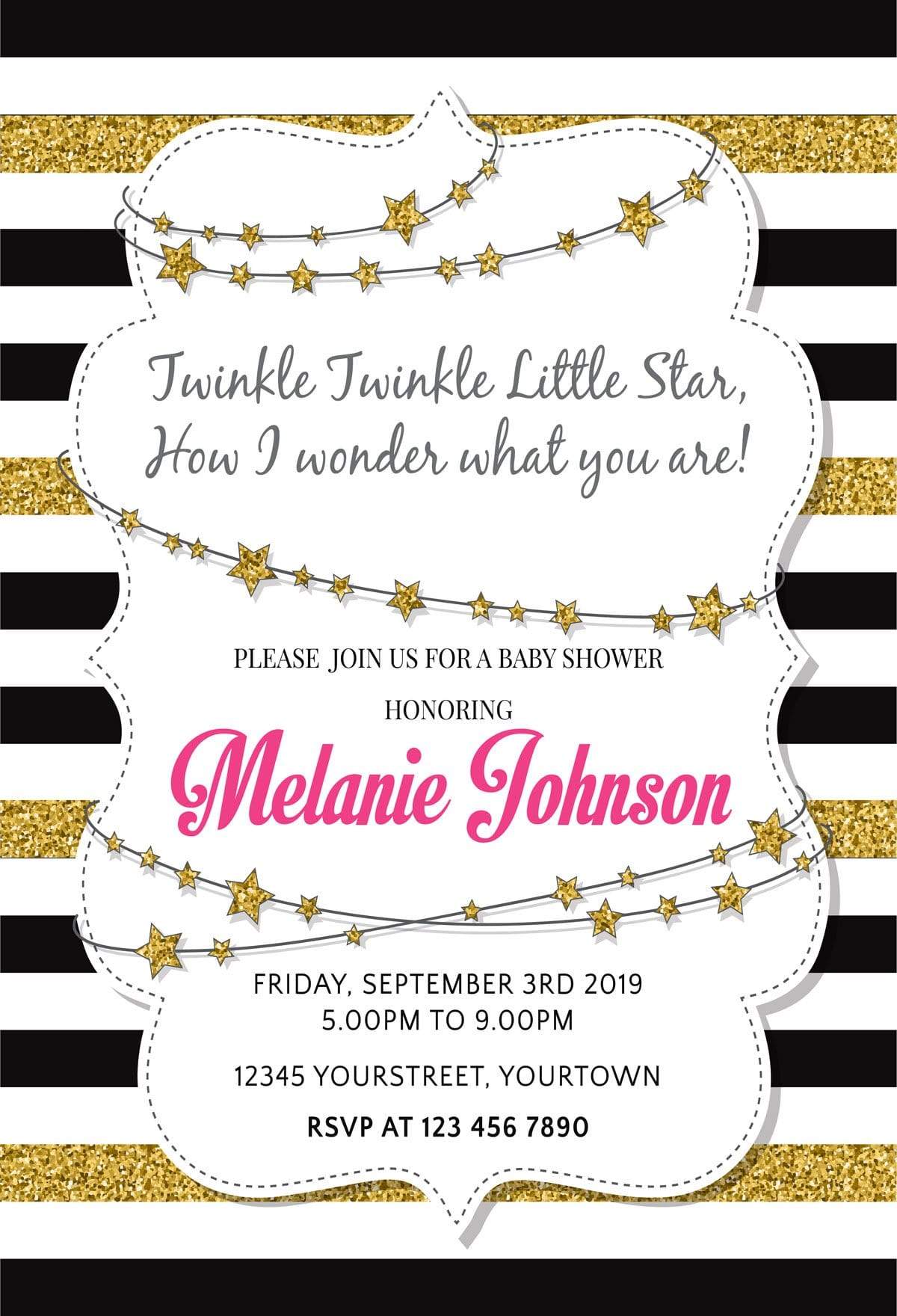 Katebackdrop£ºKate White Golden Black Stripe Backdrop with Golden stars Baby Shower