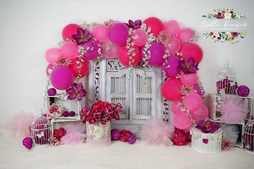 Kate Cake Smash Backdrop Balloons Purple Florals Designed by Csilla Kancsar - Kate Backdrop AU