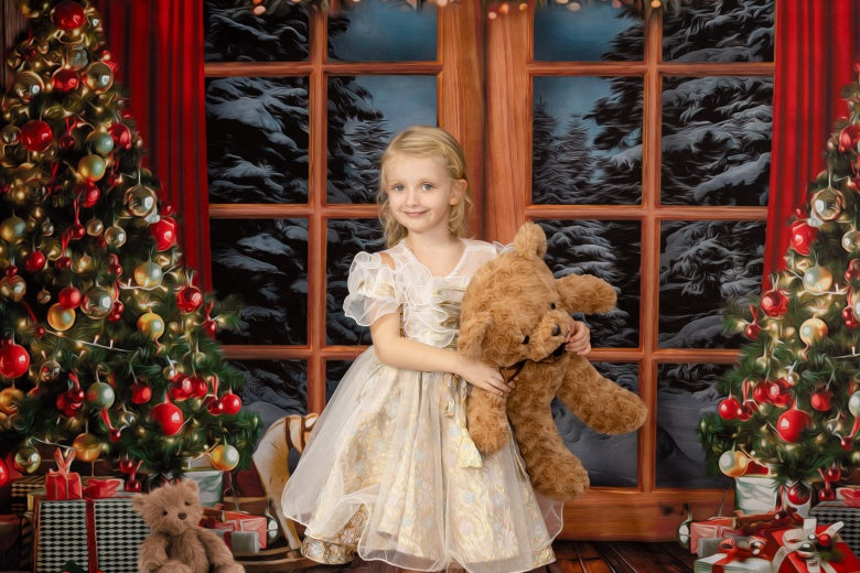 Kate Christmas Tree Backdrop Snow Outside Window for Photography - Kate Backdrop AU