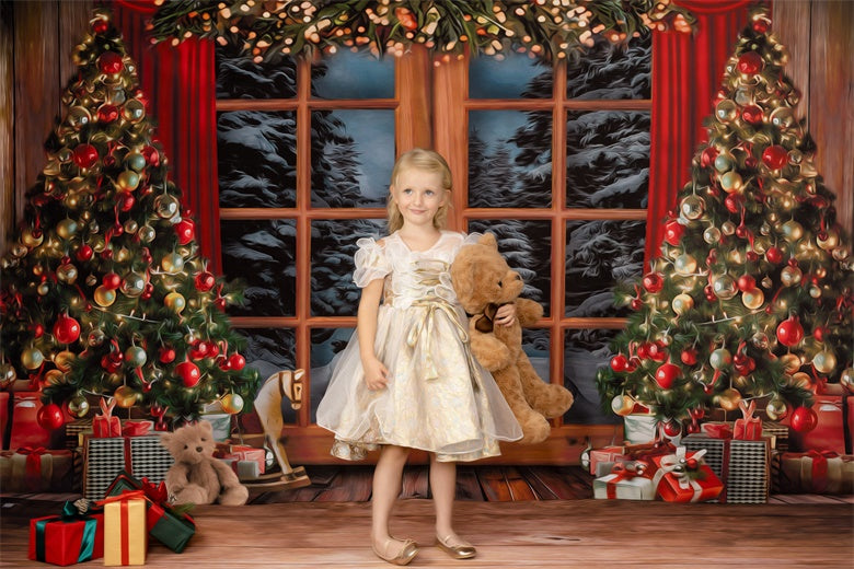 Kate Christmas Tree Backdrop Snow Outside Window for Photography - Kate Backdrop AU