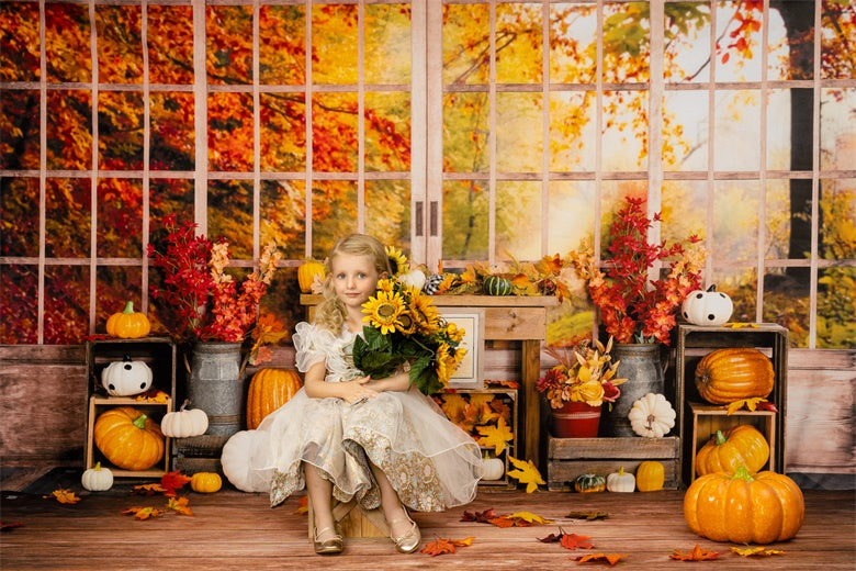 Kate Autumn Backdrop Pumpkin Halloween Thanksgiving Sunflower Window Designed by Uta Mueller Photography - Kate Backdrop AU