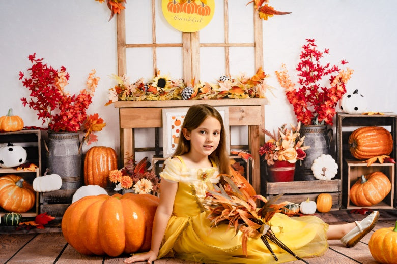 Kate Autumn Backdrop Pumpkin Thanksgiving Sunflower Leaves Designed by Uta Mueller Photography - Kate Backdrop AU