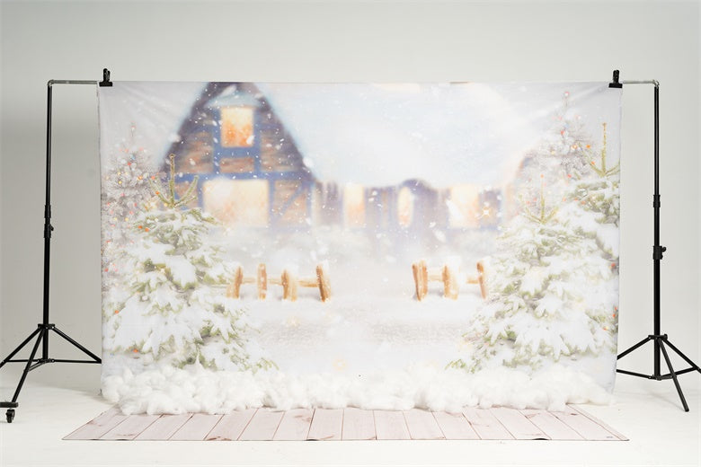 Kate Winter Backdrop Heavy Snow Cabin Christmas Tree Light for Photography