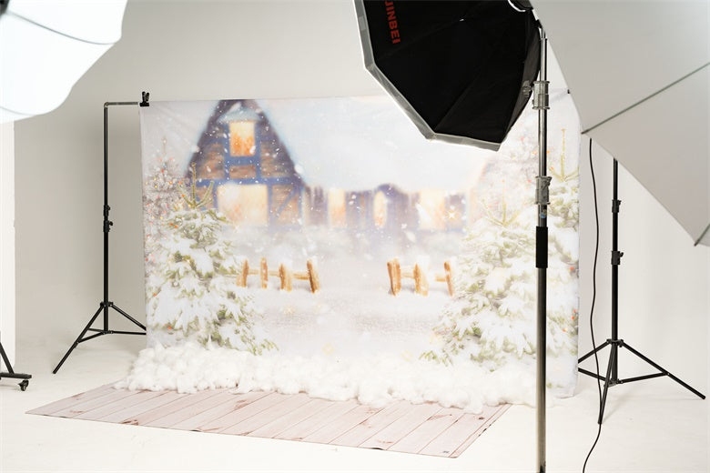 Kate Heavy Snow Cabin Christmas Backdrop+Kate White Retro Wooden Wall Rubber Floor Mat - Kate Backdrop AU