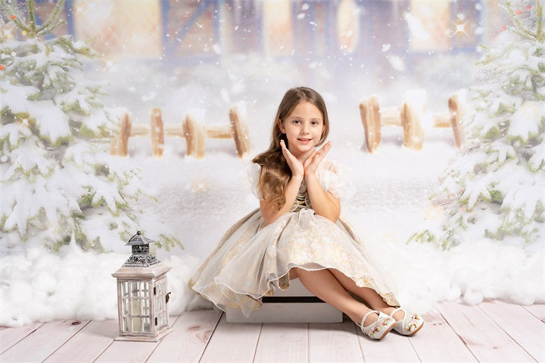 Kate Heavy Snow Cabin Christmas Backdrop+Kate White Retro Wooden Wall Rubber Floor Mat - Kate Backdrop AU