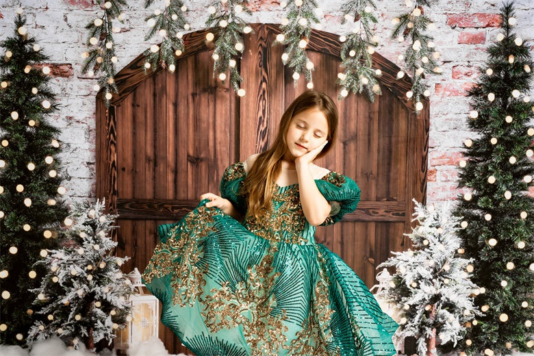 Kate Christmas Backdrop Snow Tree Winter Brick Wall Designed by Emetselch - Kate Backdrop AU