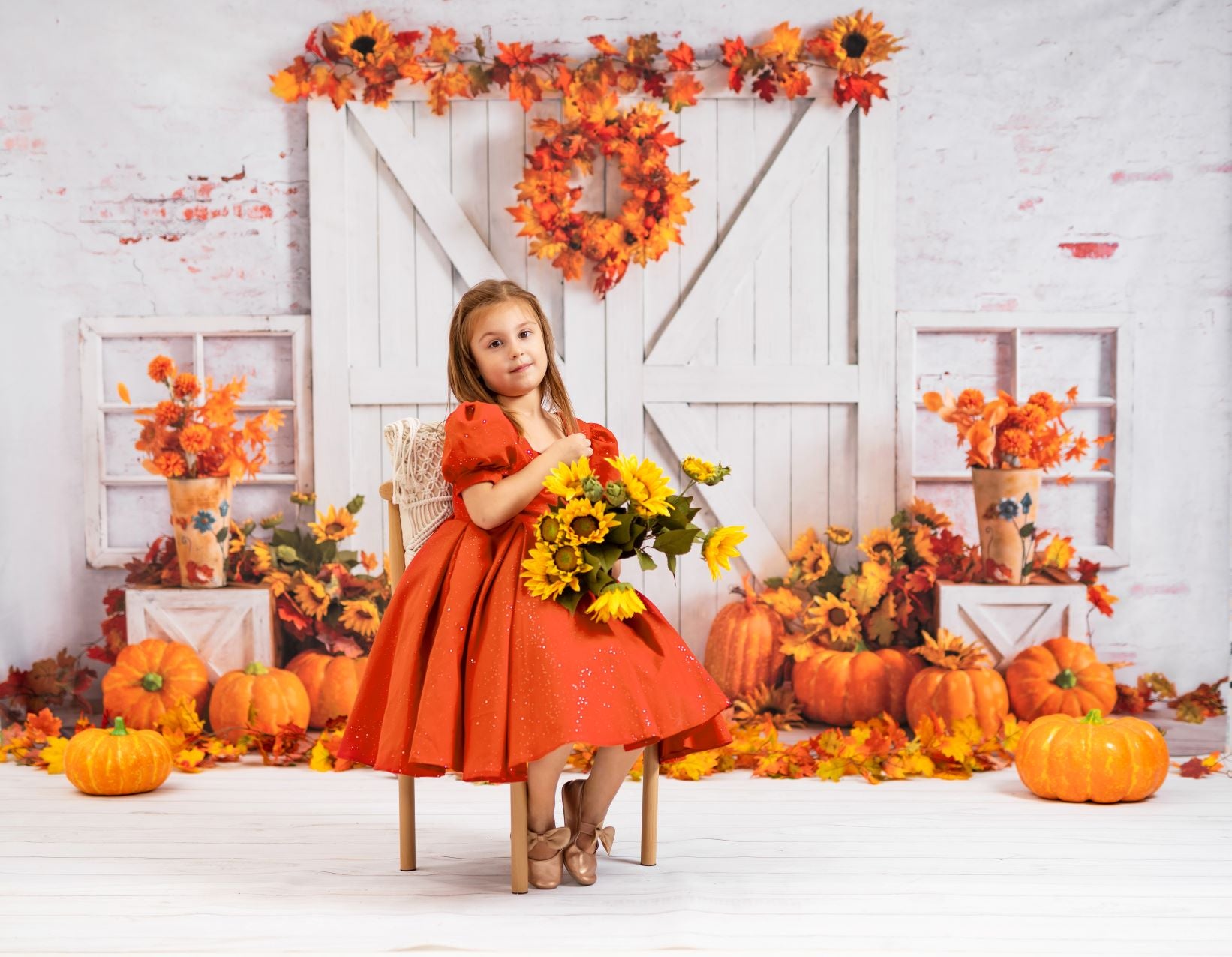 Kate Autumn Pumpkin Backdrop White Barn Door Fallen leaves Designed by Emetselch