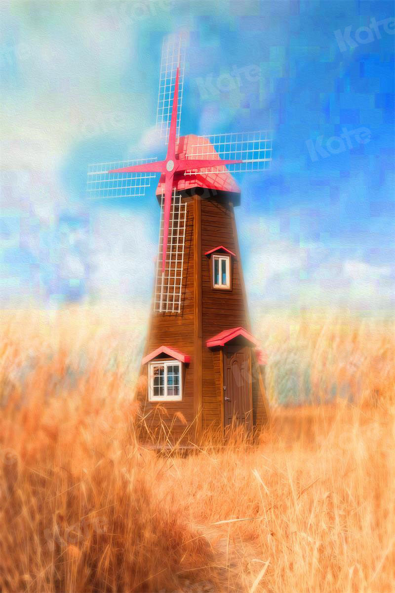 Kate Fall Backdrop Wheatfield Red Windmill for Photography - Kate Backdrop AU