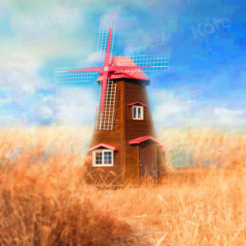Kate Fall Backdrop Wheatfield Red Windmill for Photography - Kate Backdrop AU
