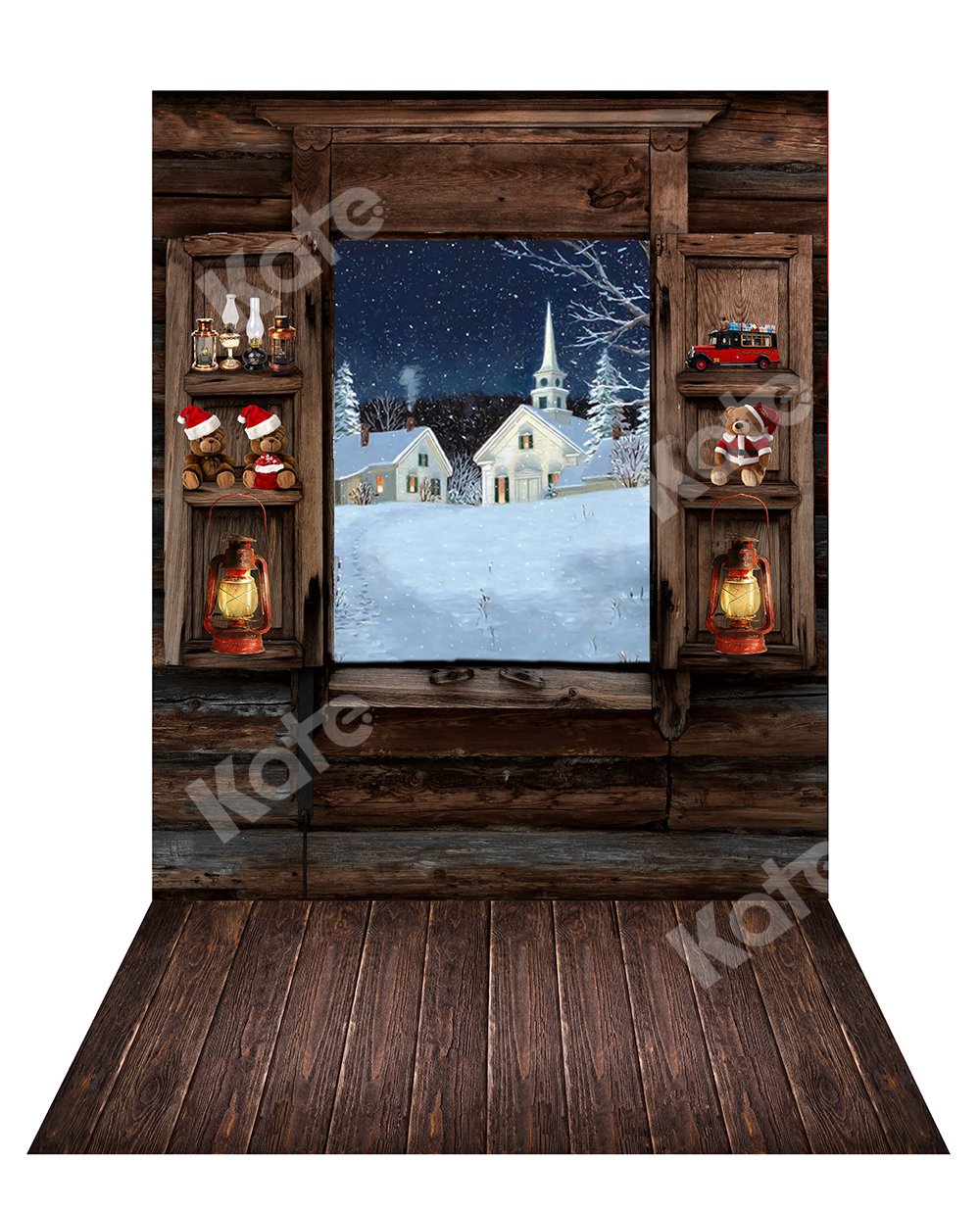 Kate Christmas Lights Window Backdrop+ Wood Rubber Floor Mat - Kate Backdrop AU