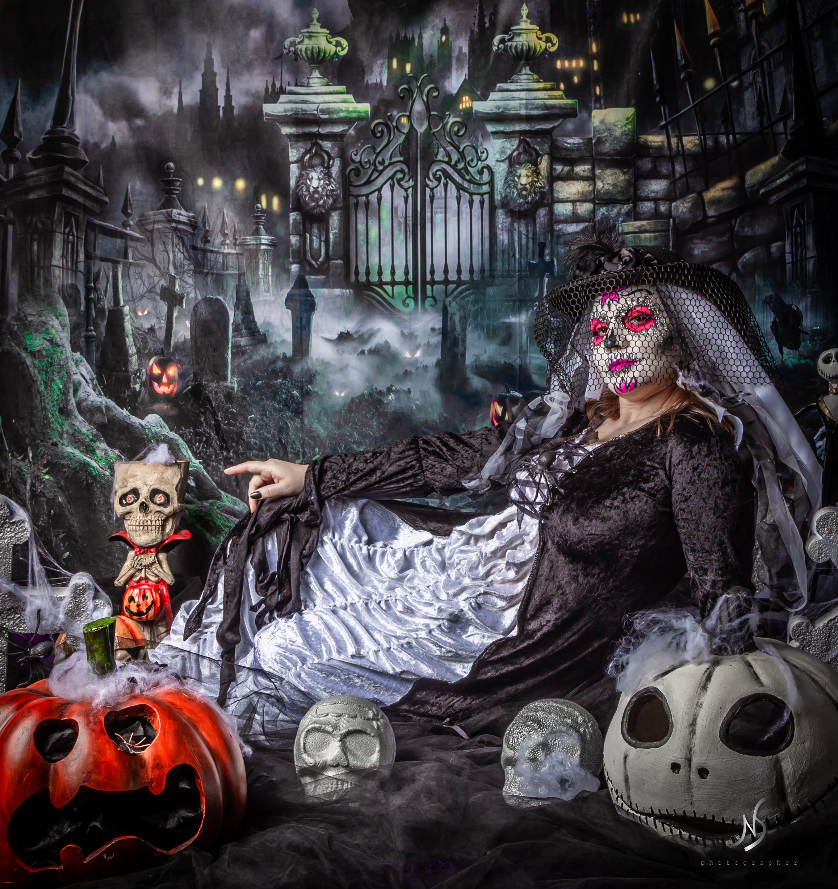 Kate Halloween Pumpkin Backdrop Castle Night Moon for Photography - Kate Backdrop AU