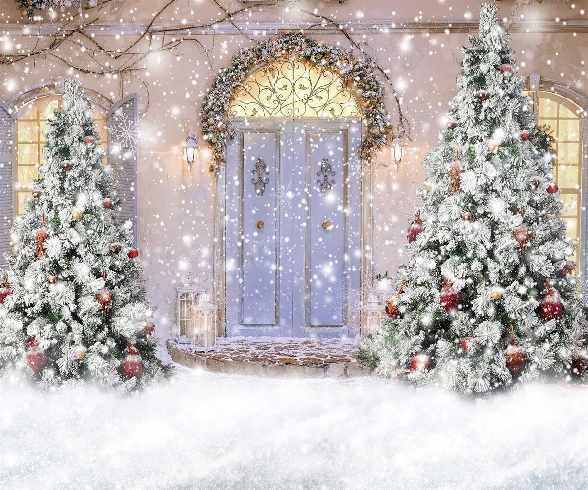 Kate Christmas Door Front Snow Backdrop for Photography - Kate Backdrop AU