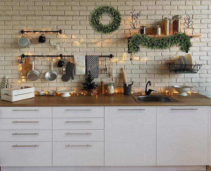 Kate White Brick Wall Christmas Kitchen Backdrop Designed By Jerry_Sina - Kate Backdrop AU