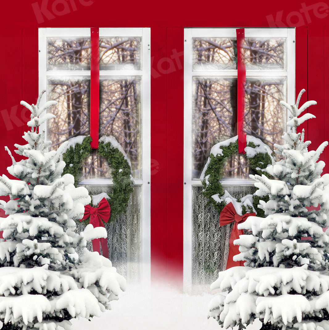 Kate Winter Snowy Pinetrees Red Window View Backdrop Designed By Jerry_Sina - Kate Backdrop AU