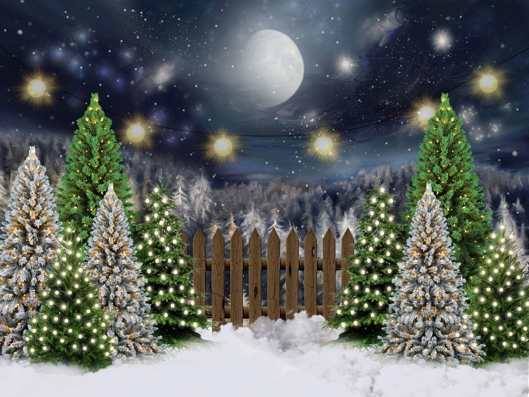 Kate Christmas Night Pine Trees Farm Backdrop Designed By Jerry_Sina - Kate Backdrop AU