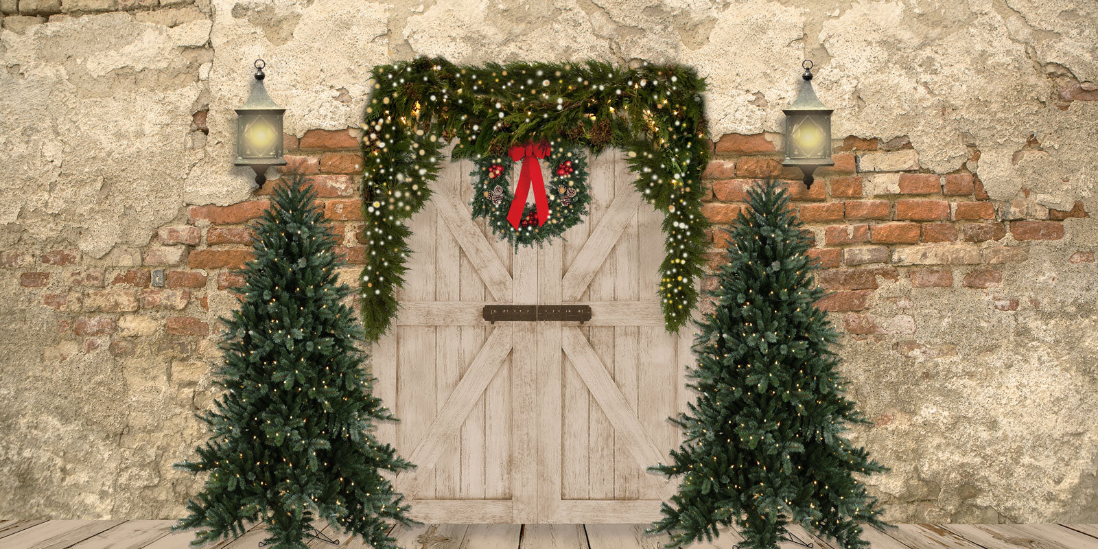 Kate Christmas Backdrop Brick Wall Door & Xmas Trees Designed By JS Photography