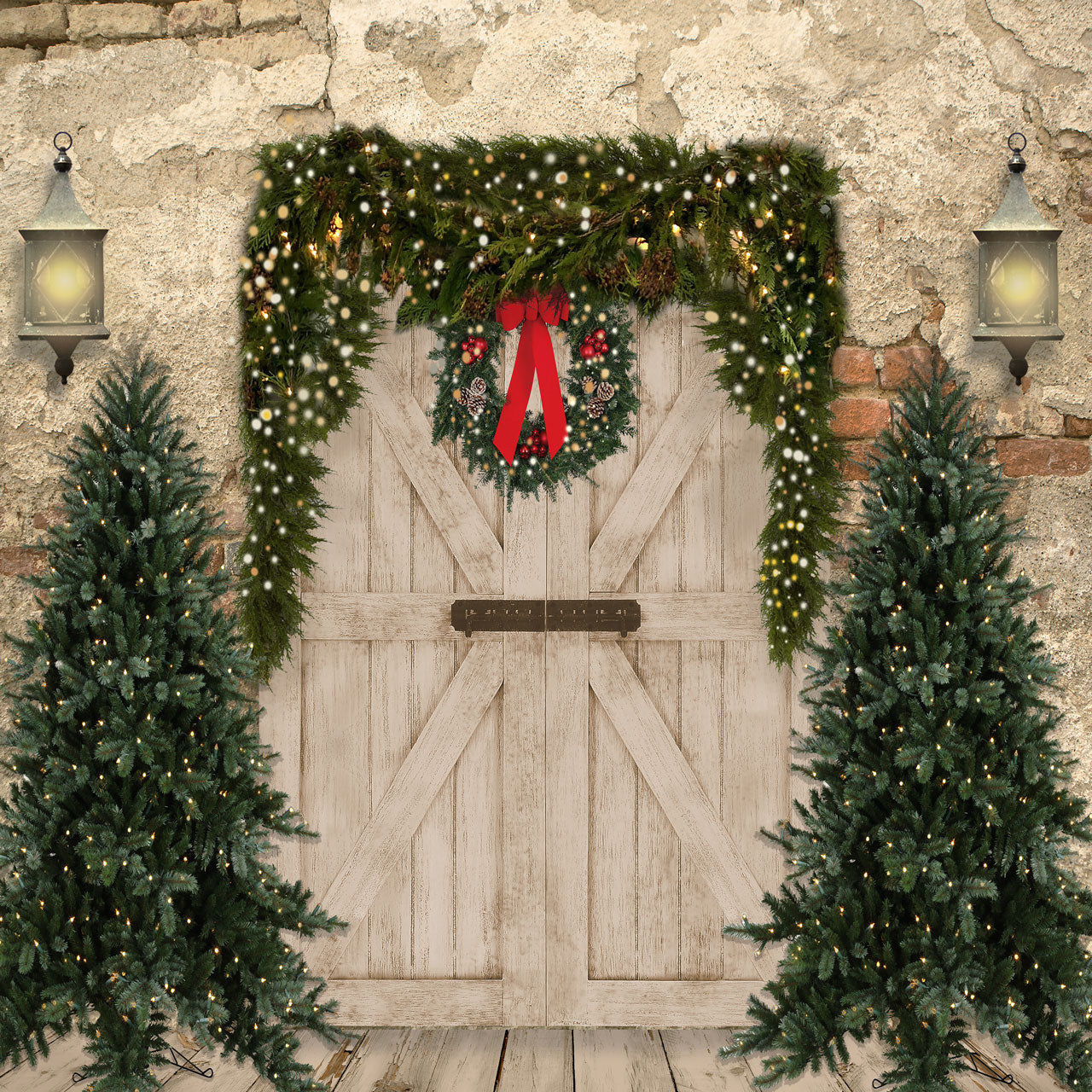 Kate Christmas Backdrop Brick Wall Door & Xmas Trees Designed By JS Photography