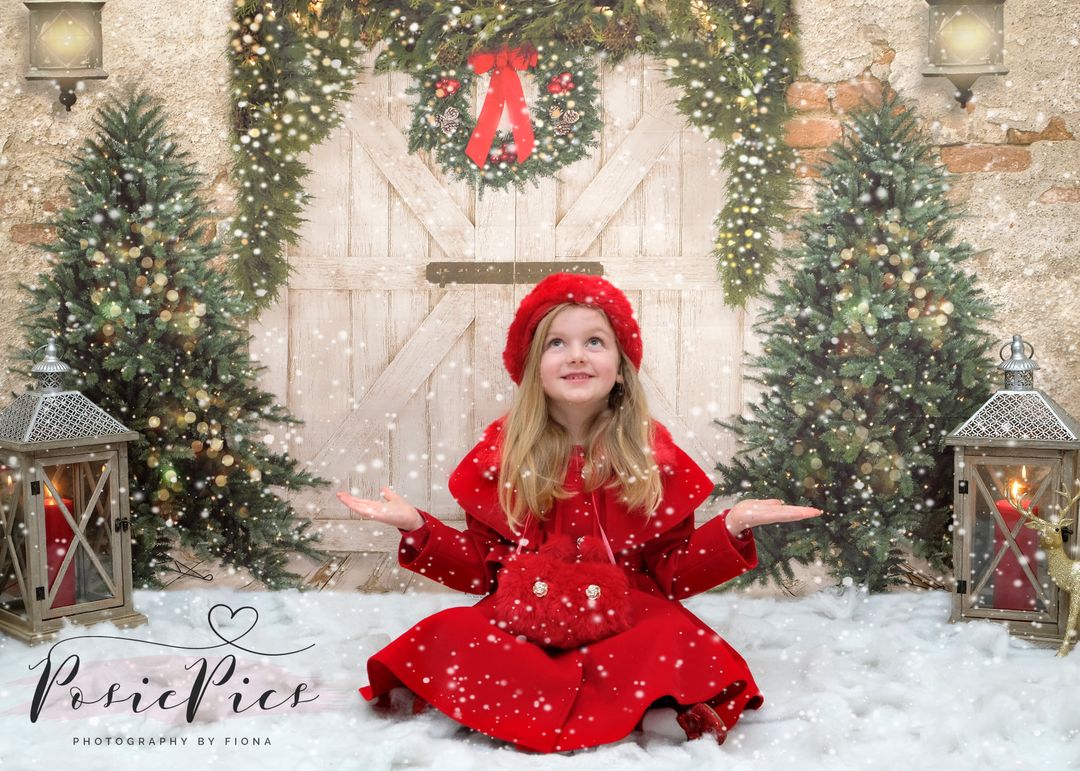 Kate Christmas Backdrop Brick Wall Door & Xmas Trees Designed By JS Photography