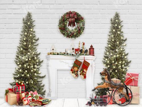 Kate Xmas Backdrop Fireplace Christmas Tree White Brick Wall Designed By JS Photography - Kate Backdrop AU