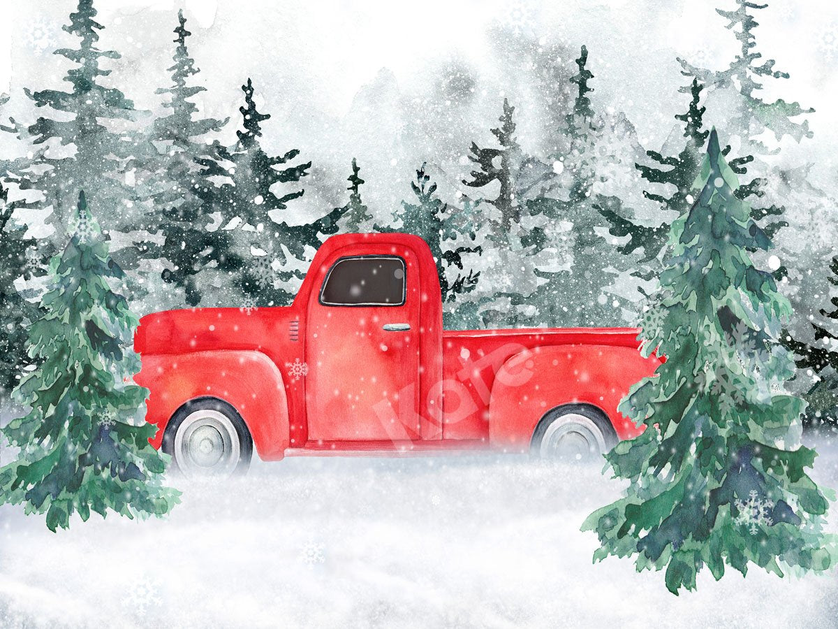 Kate Christmas Red Truck Snow Forest Backdrop for Photography - Kate Backdrop AU
