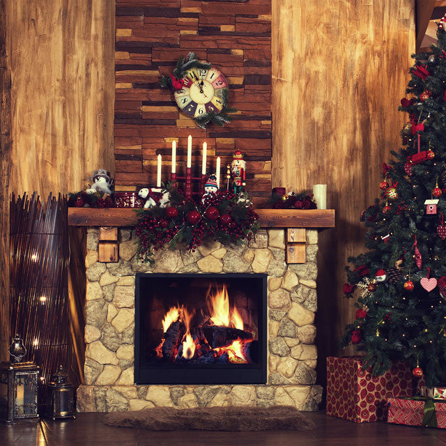 Kate Fireplace With Christmas Tree for Photography - Kate Backdrop AU