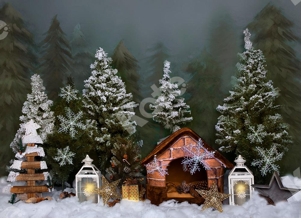 Kate Winter Backdrop Snow Tree with Wooden House for Christmas Designed by Jia Chan Photography - Kate Backdrop AU