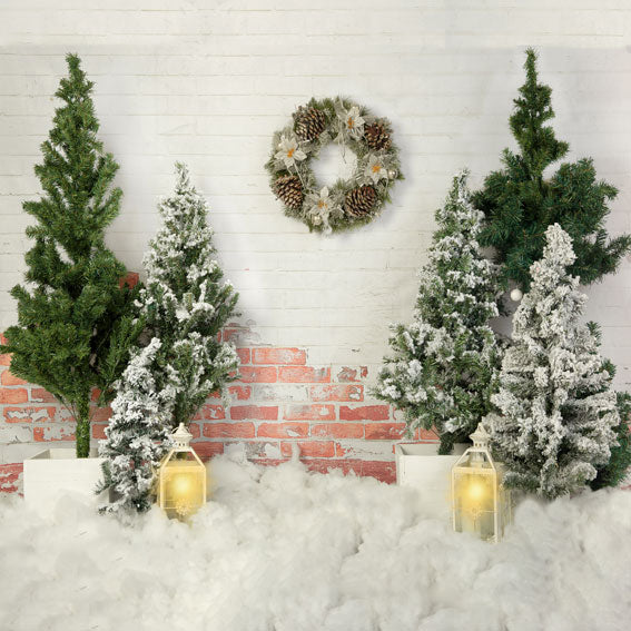 Kate Christmas Tree Backdrop Lights Brick Wall Designed by Emetselch - Kate Backdrop AU