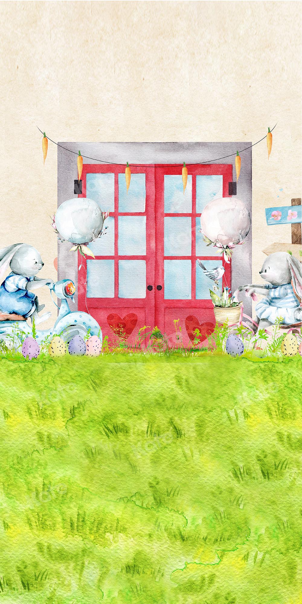 Kate Sweep Easter Red Window Bunny Grass Backdrop Designed by Chain Photography - Kate Backdrop AU