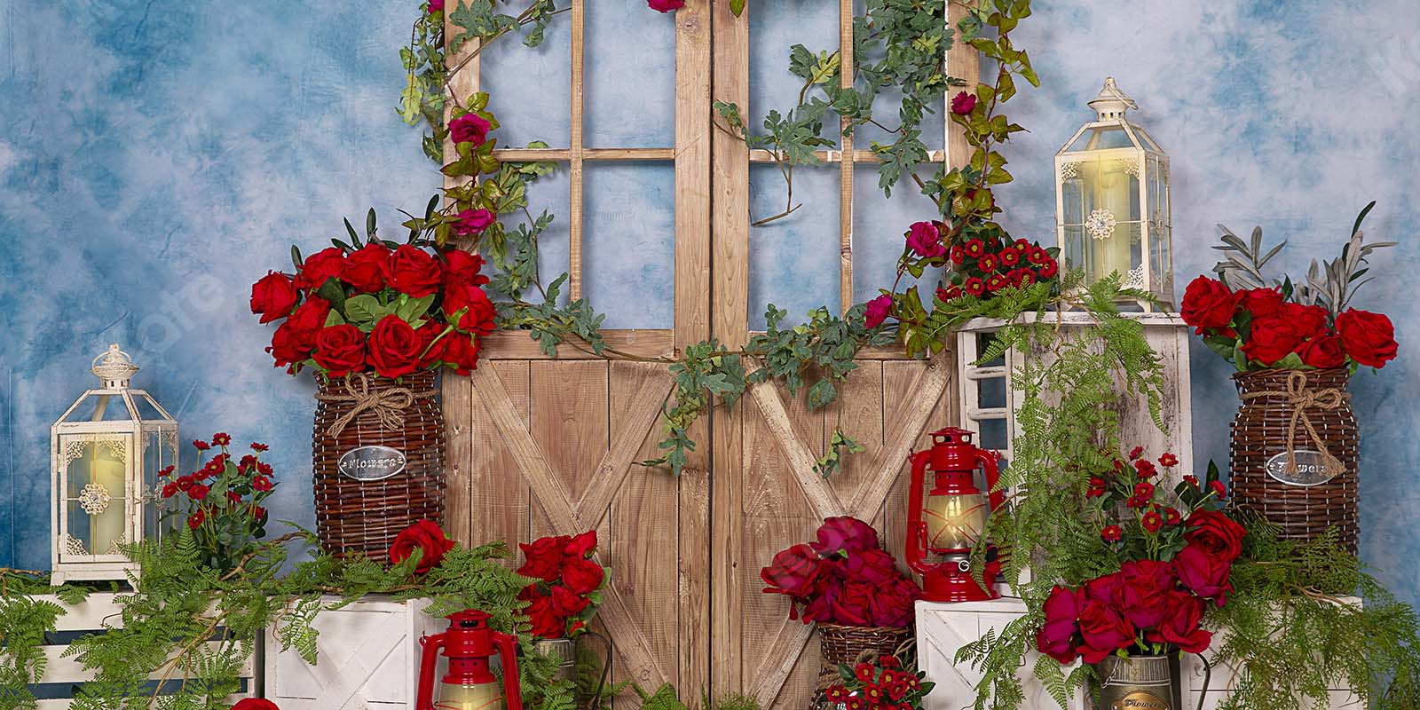 Kate Spring Red Rose Flowers Door Blue Backdrop Designed by Emetselch - Kate Backdrop AU