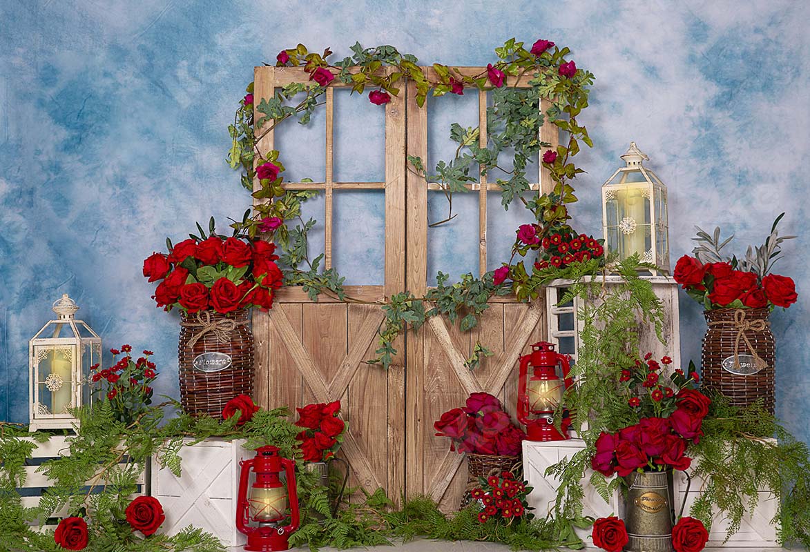 Kate Spring Red Rose Flowers Door Blue Backdrop Designed by Emetselch - Kate Backdrop AU